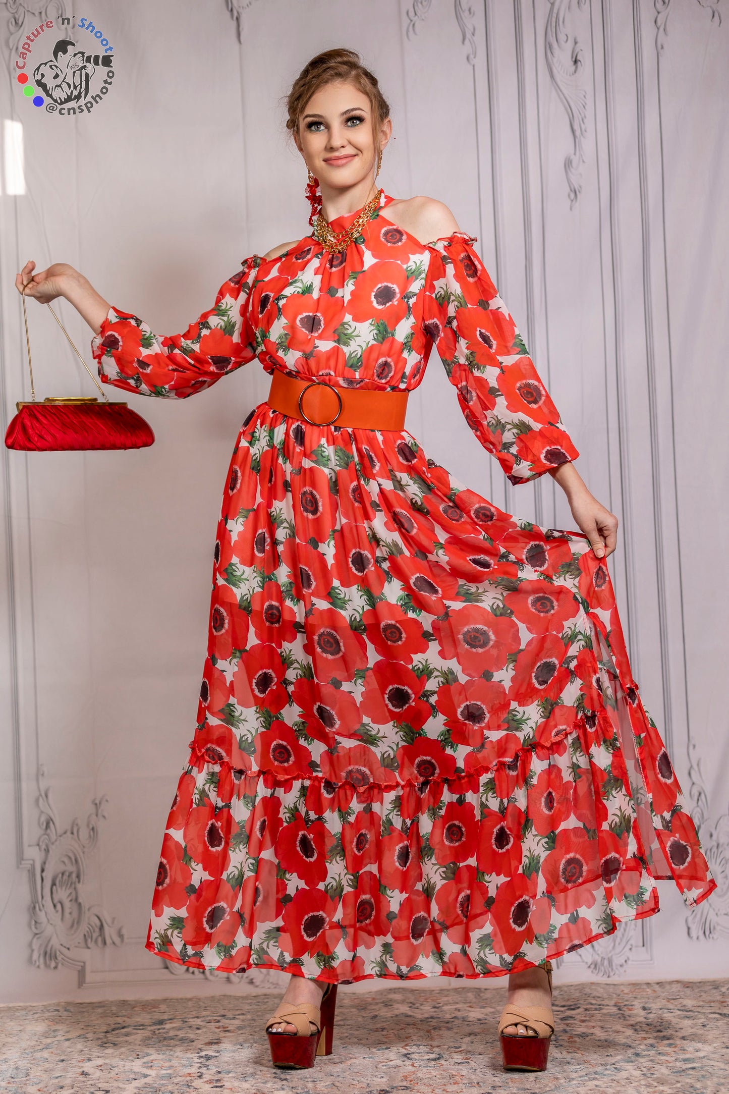 Poppy Mirage Cold-Shoulder Chiffon Gown