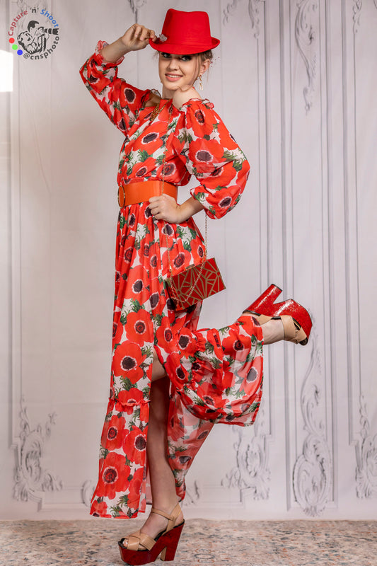 Poppy Mirage Cold-Shoulder Chiffon Gown