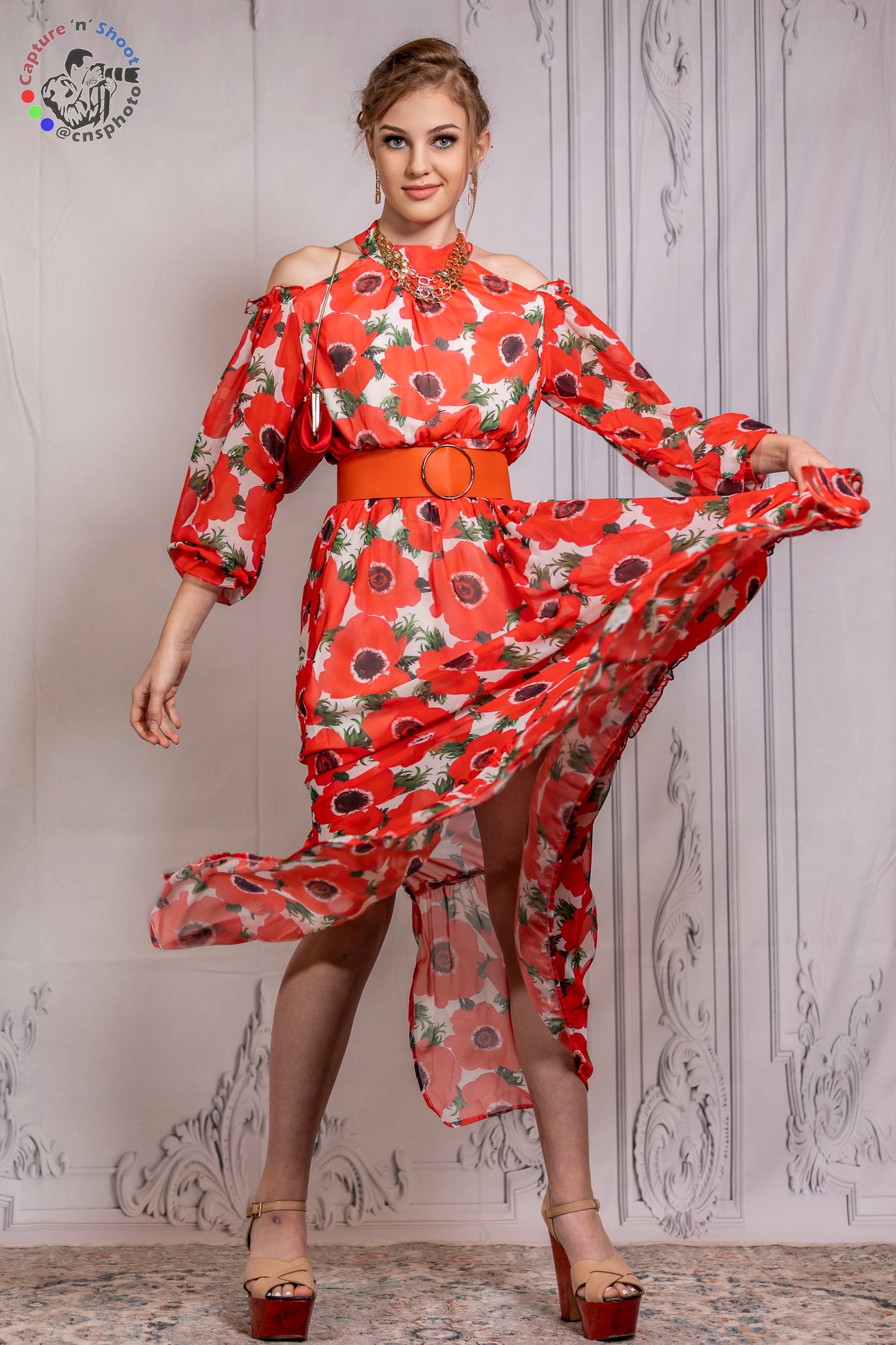 Poppy Mirage Cold-Shoulder Chiffon Gown