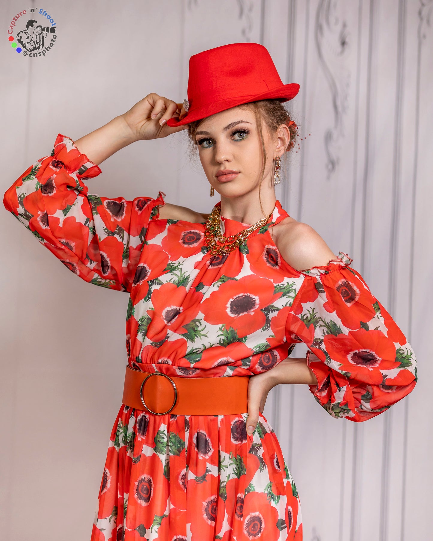 Poppy Mirage Cold-Shoulder Chiffon Gown