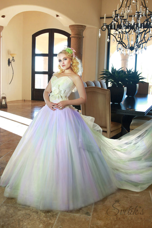 Jade Dancer Sample -  In Stock in  size x-small/small (0-4) - comes with detachable Train and a three layer Veil