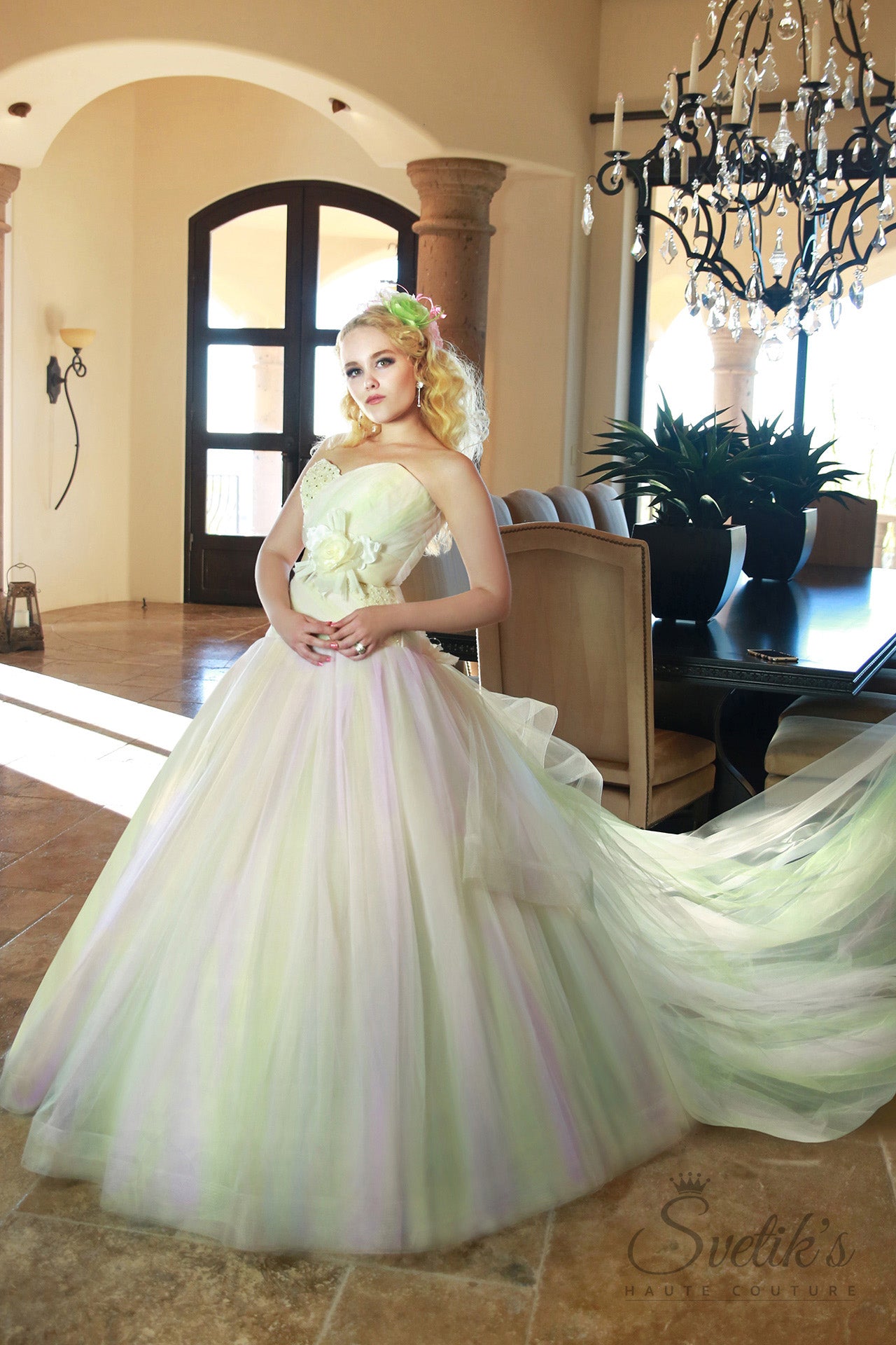 Jade Dancer Sample -  In Stock in  size x-small/small (0-4) - comes with detachable Train and a three layer Veil